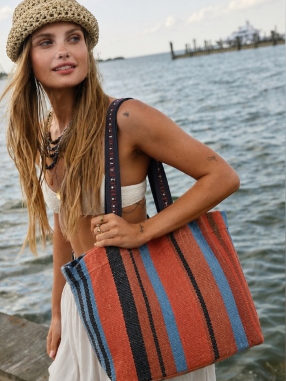 Free People Large Copacabana Tote Woven Stripe Bag in Fall Rust & Blue Colors
